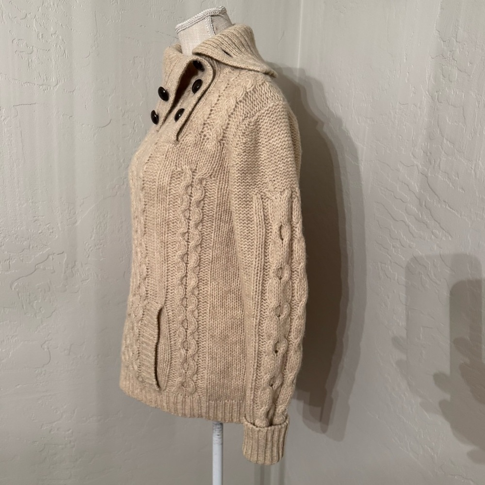 Vintage By Pops Women's Ivory Wool Cable Knit Button Up Collar Pull Over Sweater - Picture 2 of 14